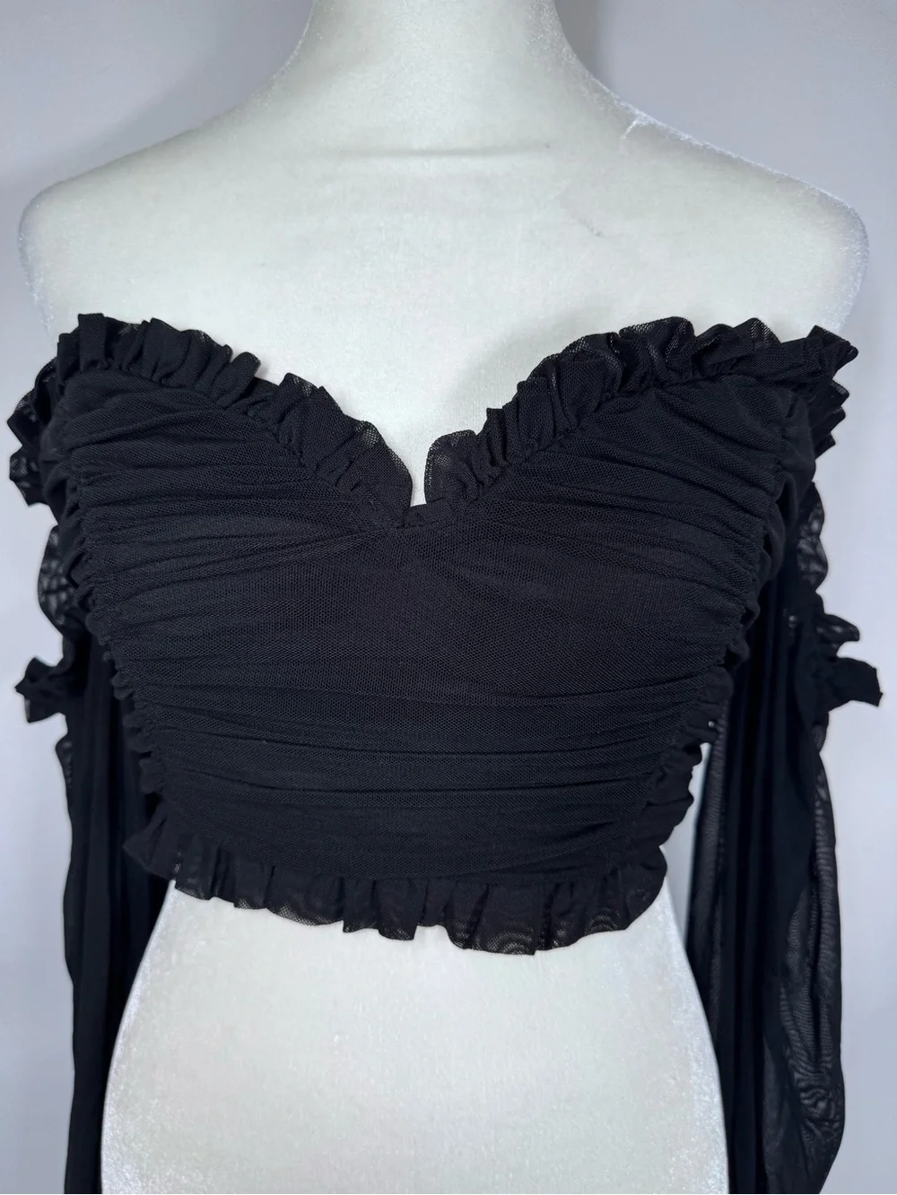 MABLE Black Ruched Mesh Off The Shoulder Crop Top Romantic Coquette Size